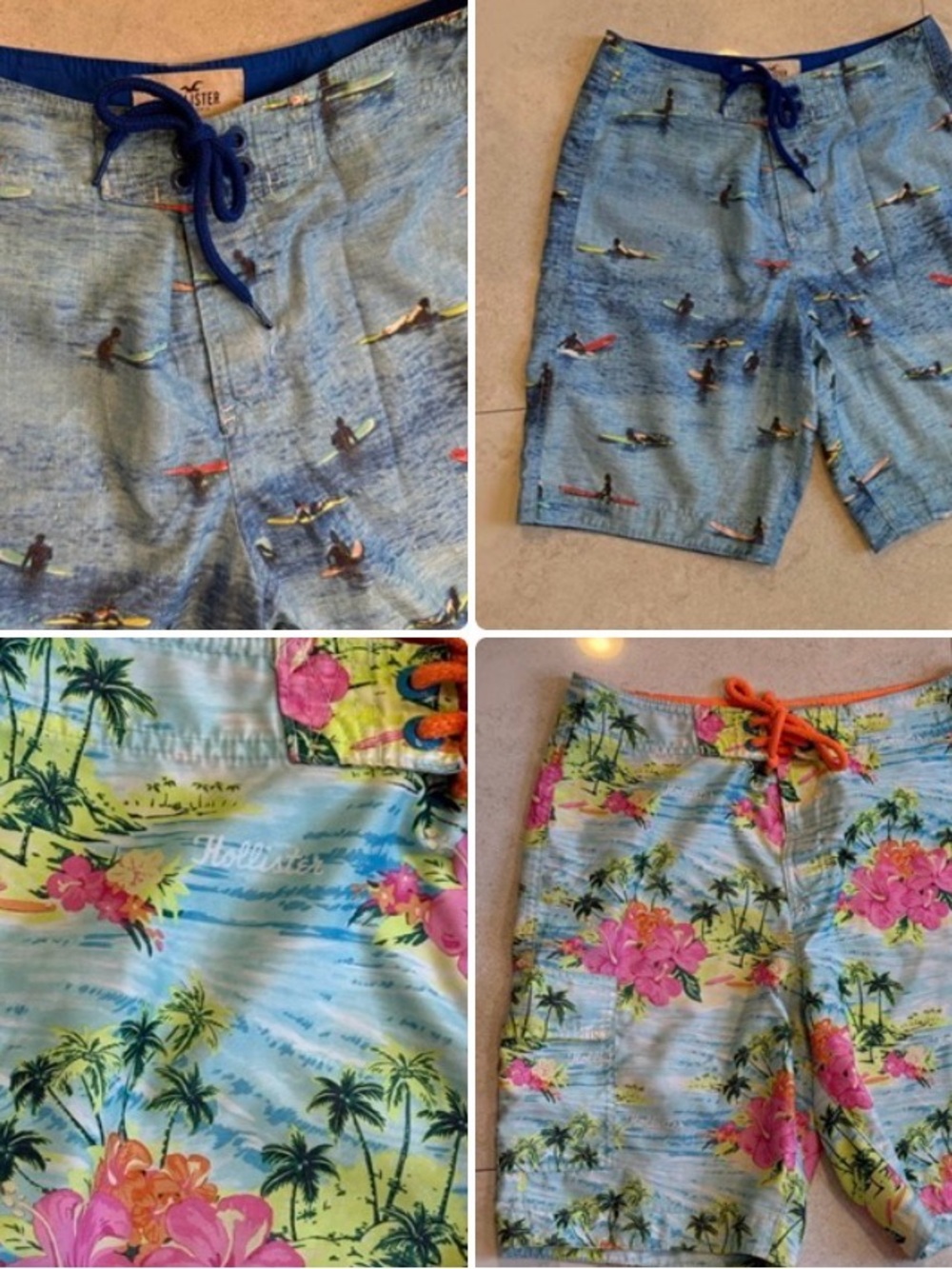 2 Pairs Hollister Men's Light Blue Tropical & Surf Print Swim Shorts Mens Med
